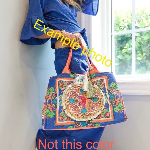 100% Cotton Bohemian Boho Signature Tote Bag in Aqua-Orange L - Picture 2 of 8